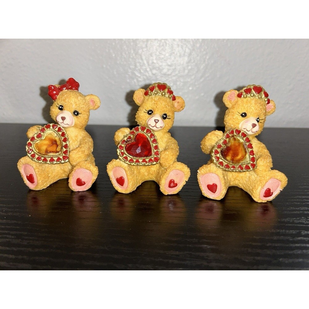 Vintage Resin 3" Orange Teddy Bear with Red Sparkling Hearts Valentine
